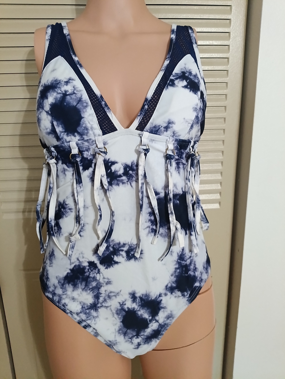 YMI Navy and White Tie-Dye One-Piece Swimsuit with Fringe